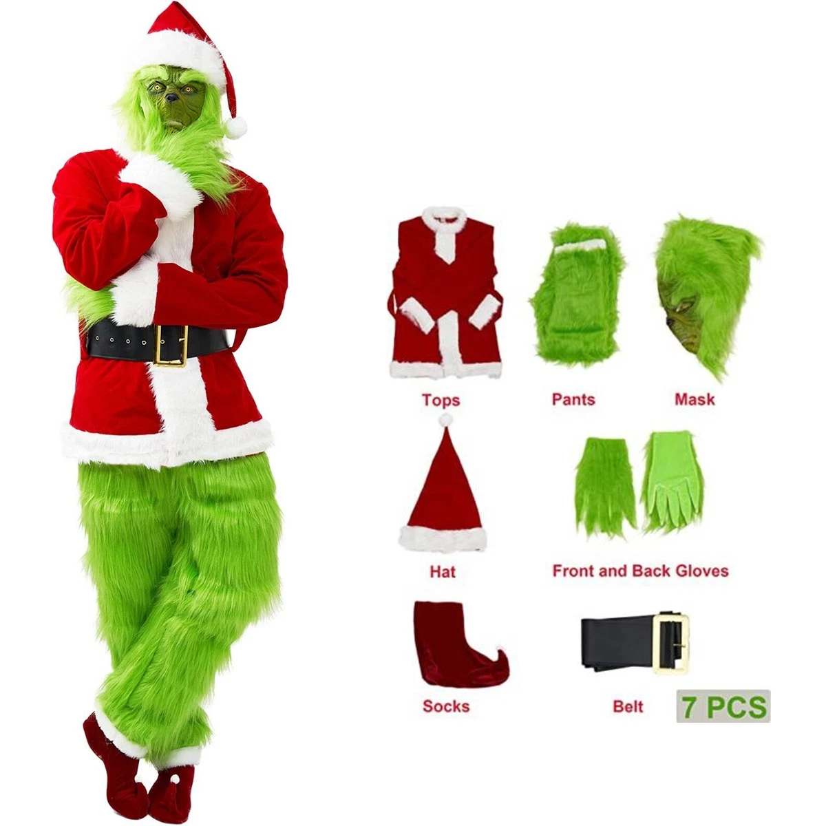 7PCS The Grinch Costume Adult Green Christmas Santa Xmas Cosplay Mask &  Outfit