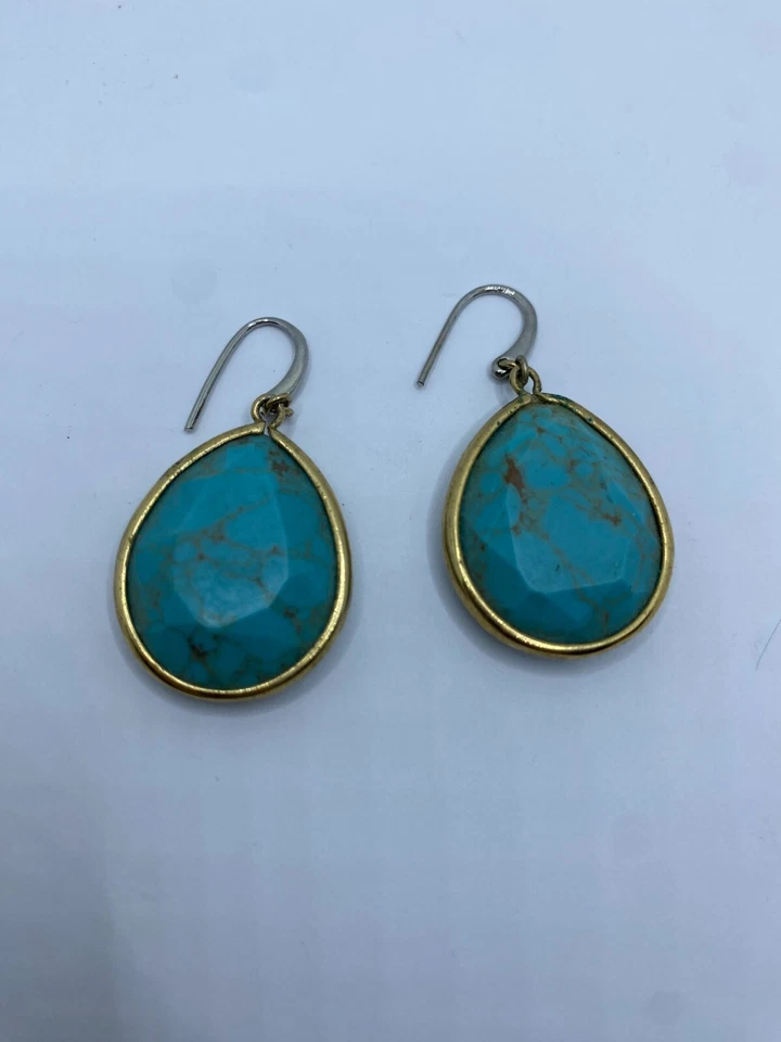Fossil Brand Turquoise Teardrop Dangle Pierced Earrings Silver & Gold Tone - Image 3 of 4