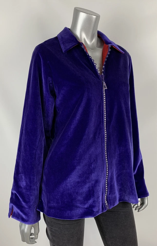 The Quacker Factory Jacket M Velour Purple Collared Neck Incrusted Zipper Lined - Image 3 of 4