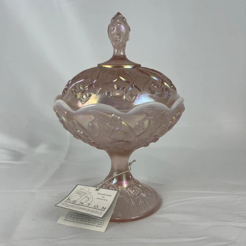 Fenton Pink Iridescent Lily of the Valley Pedestal Lidded Candy Dish 8.5" NWT