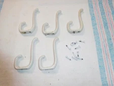 Antique ~ Salvage ~ 5 White Porcelain Over Cast Iron Hooks                 #2507