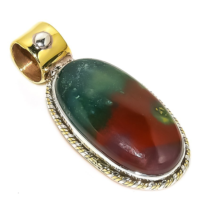 Natural Bloodstone Gemstone Two-Tone 925 Sterling Silver Pendant 1.5 Inch
