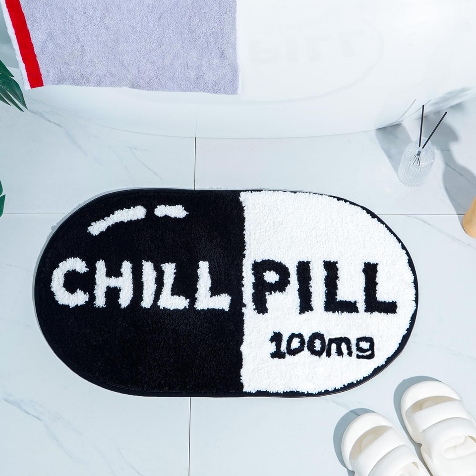 Cute Chill Pill Bath Mat Small Black and White Bathroom Rugs Fluffy