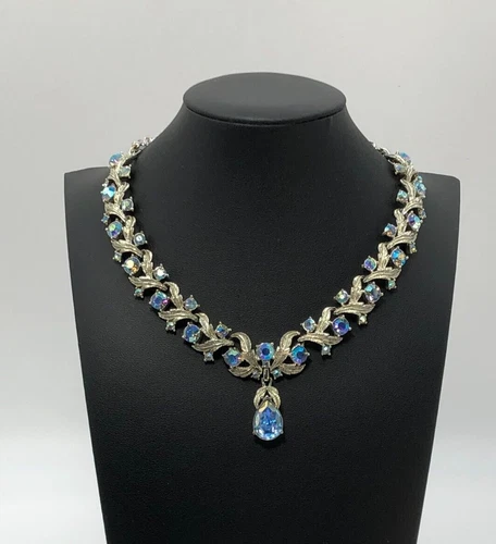 Vintage CORO Blue AB Rhinestone Pendant Necklace Silver Tone 1950s MCM