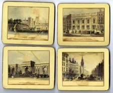 RARE ANTIQUE BRITISH HAND TINTED COASTER SET ENGLAND ENGLISH ARCHITECTURAL