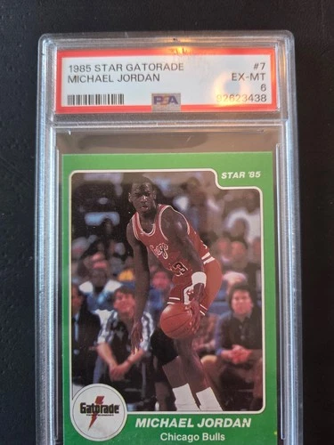 1985 STAR GATORADE MICHAEL JORDAN CARD # 7 ROOKIE EX-MT PSA 7
