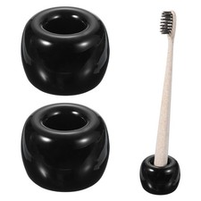 2 Pcs Mini Ceramics Toothbrush Holder Stands Round Shape, Black