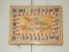 Hampton Art Merry Christmas Happy New Year QUILT wood mounted 4-1/2" x 3-1/2"