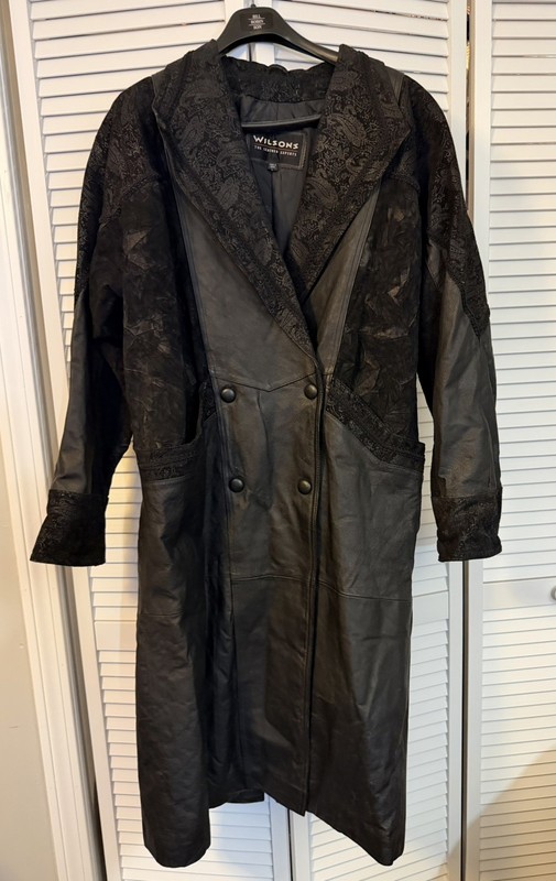VTG Womens Wilsons Leather 80’s Black Paisley Trench Coat LG Thinsulate Lining