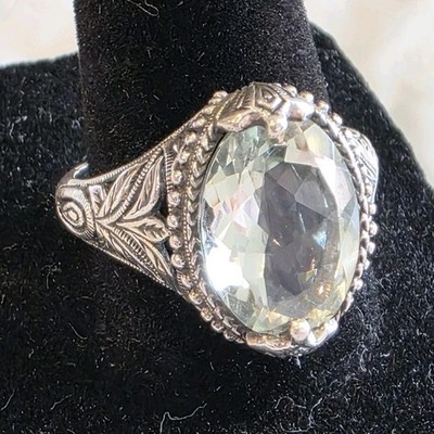 Nachlass St. Silber filigran Ring mit ovalem grünen Amethyst Prasiolith, Größe 10