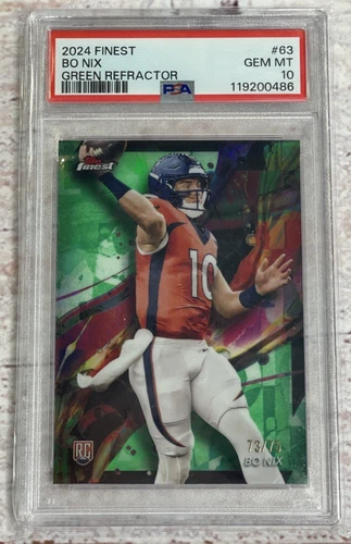 2024 Topps Finest Football Bo Nix Green Common Refractor RC /75 PSA 10