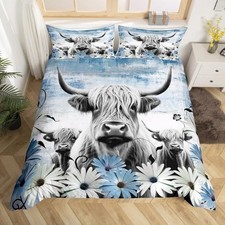 Highland Cow Print Duvet Cover,Blue Western Farmhouse Bedding Set Twin Cow-02