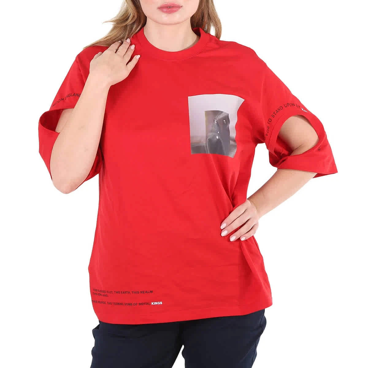 Burberry Carrick Ladies Bright Red Cut-out Detail Montage Print Oversized