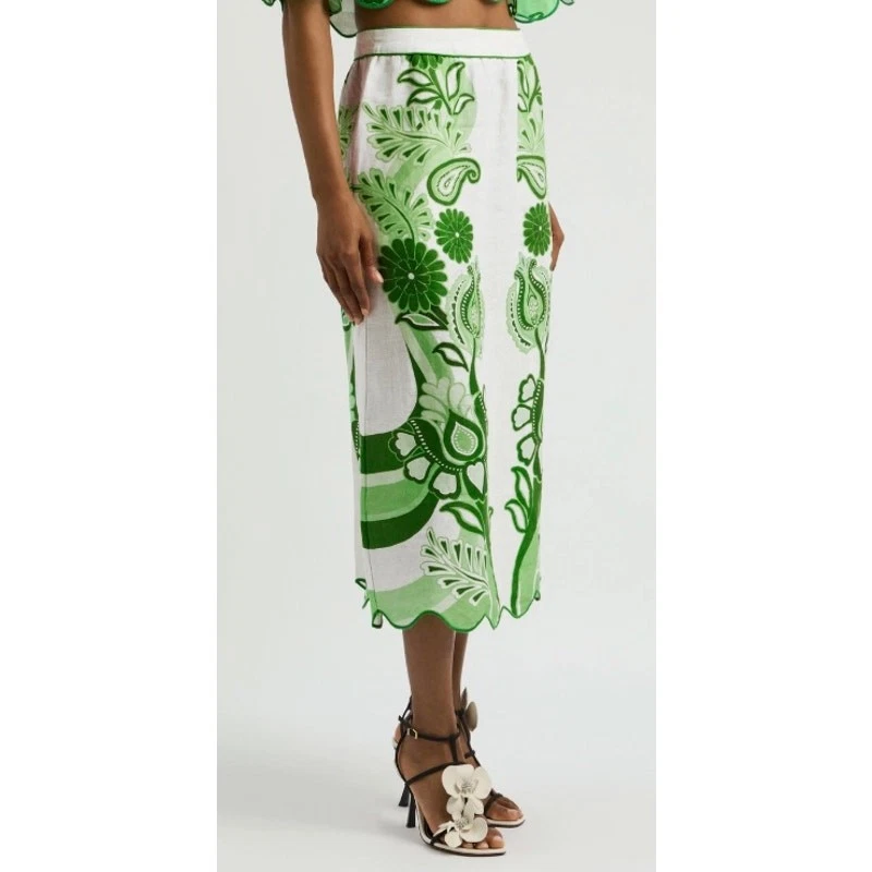 FARM Rio Green Color Festival Linen Midi Skirt Floral Print XS