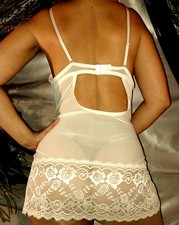 VTG SILKY NYLON MESH SHEER WIDE LACE DRESS SLIP BABYDOLL NIGHTGOWN SPANDEX XL 46