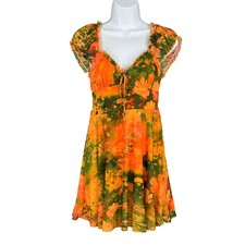 Urban Outfitters Babydoll Floral Mesh Mini Dress Womens Sz M Orange Smocked