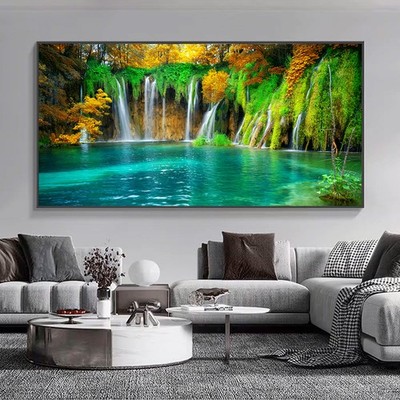 Canvas Wall Art Green Tree Canvas Painting Landscape Waterfall Wall Poster Print