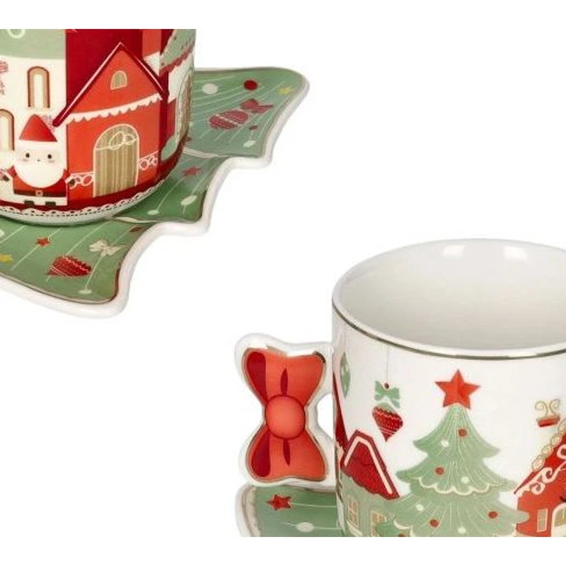 Set 2 Tazze Thé Tazzine Caffè Piattino Albero di Natale BRANDANI Villaggio Festa, fotografia 7 di 9