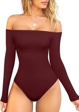 OQQ Bodysuit Womens Off-Shoulder Long Sleeve Seamless Shapewear Top Red M
