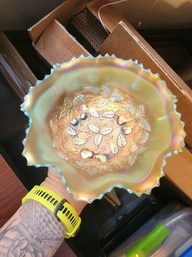 Pretty Aqua Opalescent Northwood Carnival Glass Three Fruits Medallion Bowl