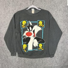 Vintage Looney Tunes Sweatshirt Mens XL Gray Sylvester Tweety Fleece 1995 90s