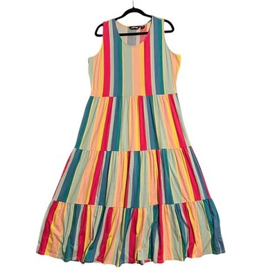 Lands End Maxi Dress Womens XL/P Rainbow Striped Tiered Travel Beach Resort Boho