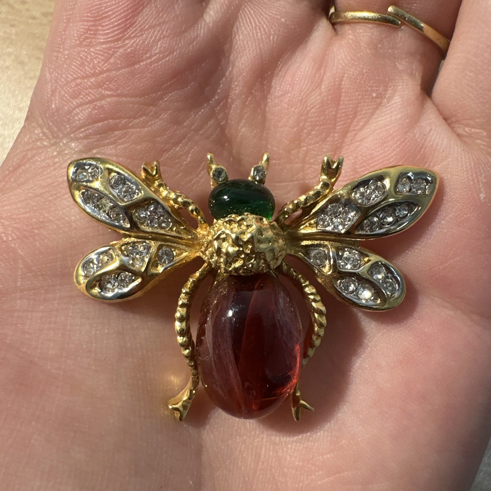 Petite Broche abeille/Bourdon ? Dorée Tête Abdomen Orange , Bijoux Fantaisie