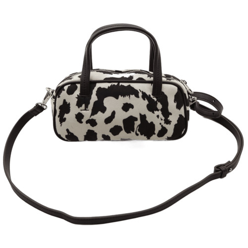 M&S Women's Crossbody Bag Small Black Mix Cow Print Faux Suede Zip New