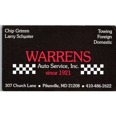 Warrens Auto Service Inc Chip Grimm Pikesville MD Business Card STB7-BC14