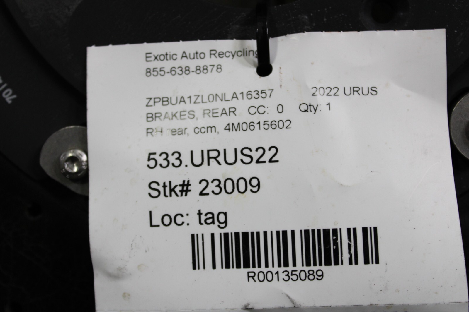 Lamborghini Urus, RH, Right, Rear CCM Brake Rotor, Used, P/N 4M0615602G