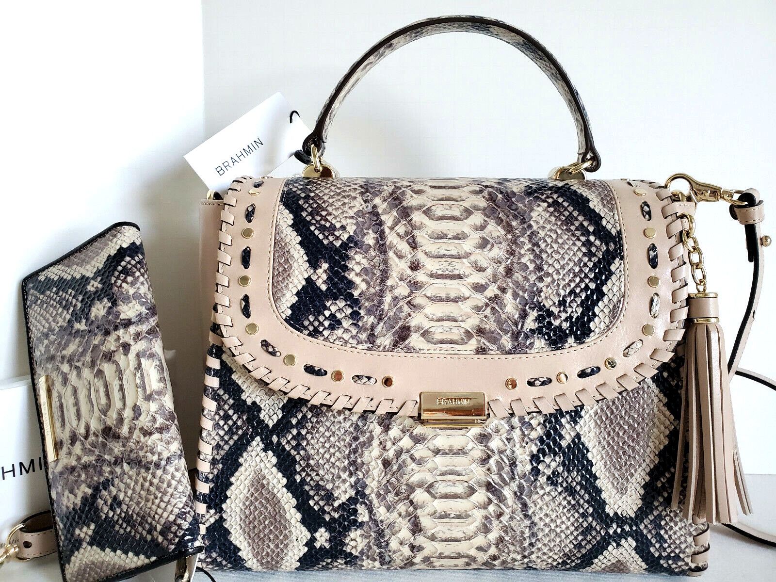 🌹Brahmin Ingrid Stud/Braided Satchel Latte Ballington Leather+Wallet NWT***HTF