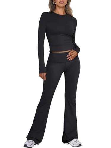 Lounge Sets For Women 2 Piece Outfits Long Sleeve Shirts and Fold Large Black