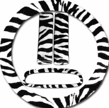 4 Piece Set Zebra White Steering Wheel Cover 2 Seat Belt Covers Mirror Cover