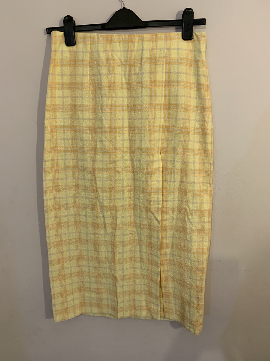 zara yellow tartan midi skirt with a split UK