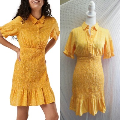 NEW VERO MODA Mustard Yellow WHITE DOTTED Smocked SHIRT MINI DRESS XS (runs larg