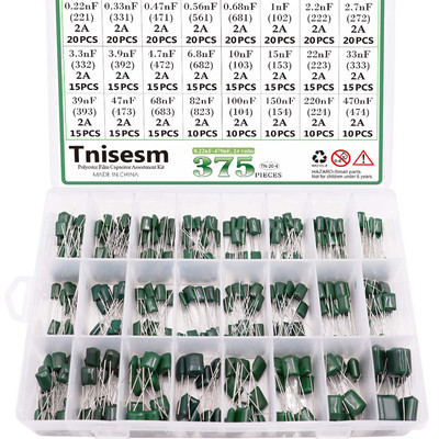 375 Pcs 24 Value Metalized Mylar Polyester Film Capacitors Assortment Kit 0.22Nf