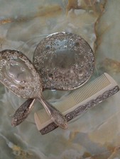 3 PIECE VANITY SET, BRUSH, COMB, MIRROR, VINTAGE, SILVERPLATE.