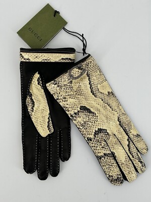 New Luxury Genuine GUCCI Women's Gloves Leather Python-679583-Leather Size-8.5-L