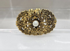 Vintage Liebe USA Scarf Clip Gold Tone Faux Pearl Oblong Design 1"