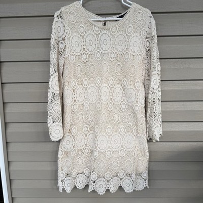 Zara Basic Women s Cream Crochet Mini Dress Size Large Long Sleeve