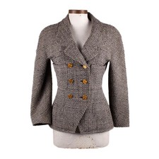 CHANEL Vintage Black White Tweed Jacket Gold CC Buttons Wool Blend Sz FR 40