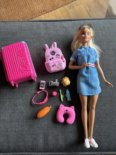 Blonde, White Travel Barbie With Suitcase, Dog And Accessories.