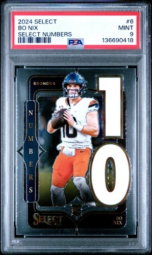 136690418 Bo Nix 2024 Panini Select #6 Numbers Rookie RC PSA 9