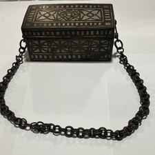 Vintage Bronze Inlaid Betel Nut Box w Chain, Possibly Mindanao Philippines