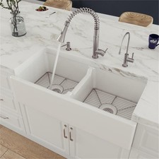 Pemberly Row 39" White Smooth Apron Thick Wall Fireclay Double Bowl Farm Sink