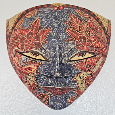 Batik Mask Carved Wood Flowers Java Bali Indonesia 11 in US Seller Red Blue