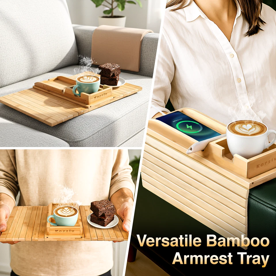 Bamboo Couch Cup Holder Tray | Sofa Arm Table & Side Table - Christmas gift - Image 2 of 4