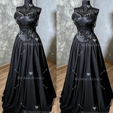 Gothic Vintage Wedding Dresses Black Satin Lace A Line Corset Bridal Gowns