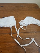 Baby Bonnets Lot of 2 White Hats Lace Bows Ribbon Prairie Cottage Coquette VTG