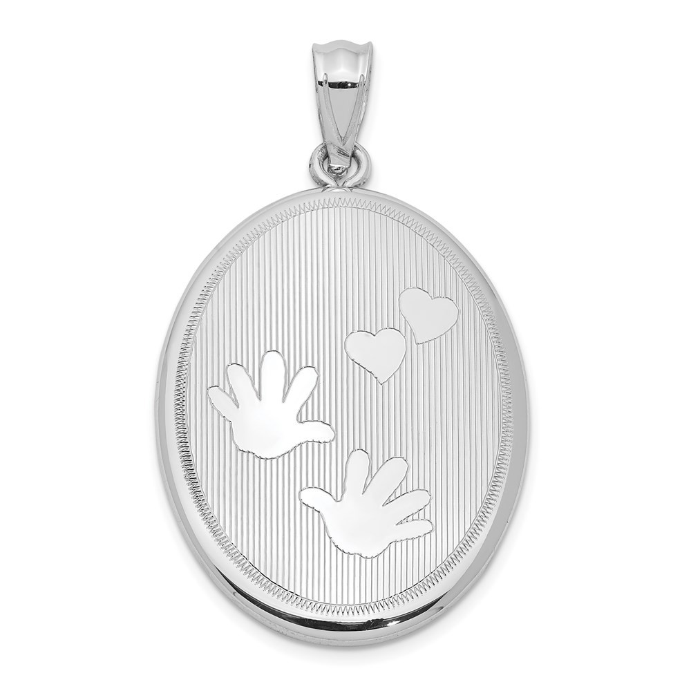 Sterling Silver Rhodium-Plated Oval Locket Pendant with Hands and Hearts